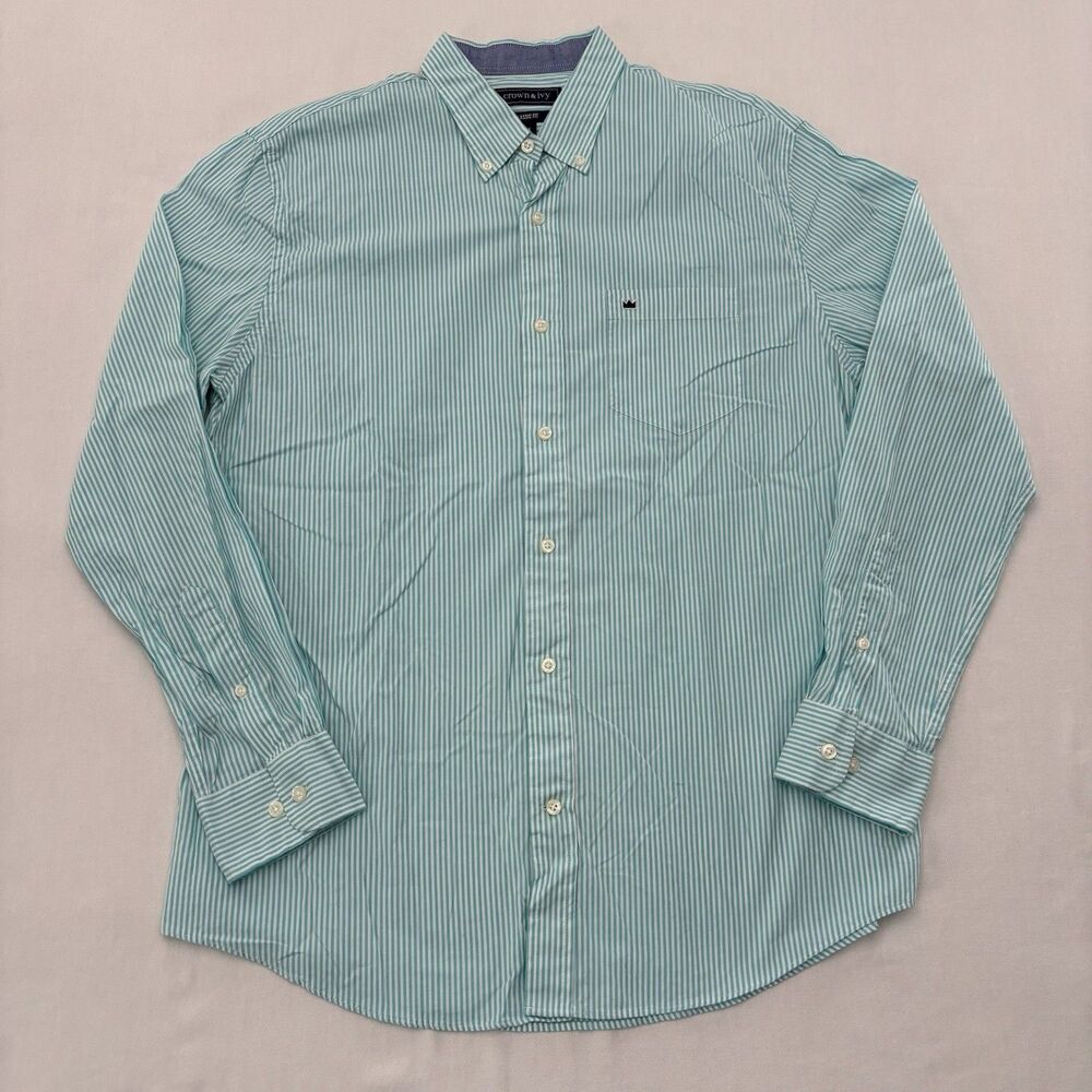 Crown Ivy Mens Classic Fit Striped Button Down Shirt Light Green White M Preppy